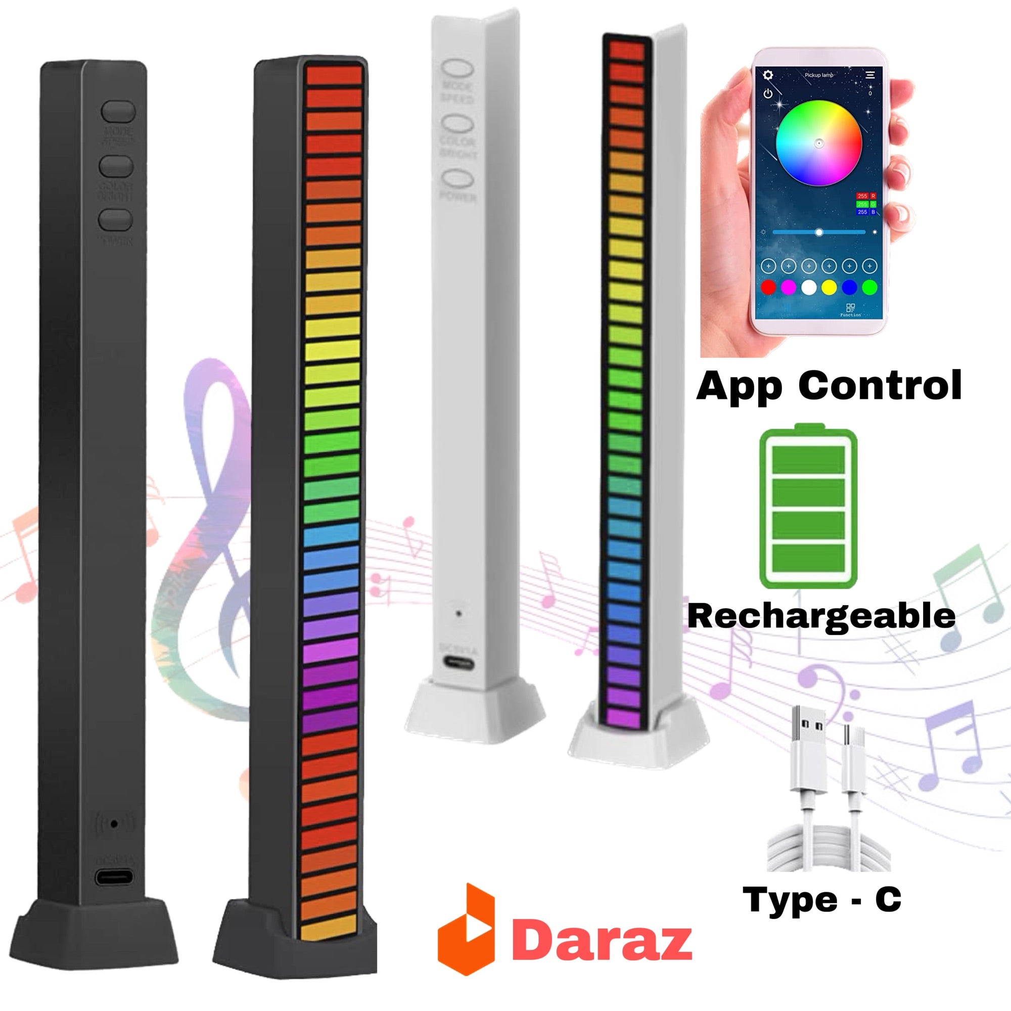 RGB Music Rhythm Light Bar 32 LED Voice Sound Control USB Rechargeable Lamp with App Control for Car & Home